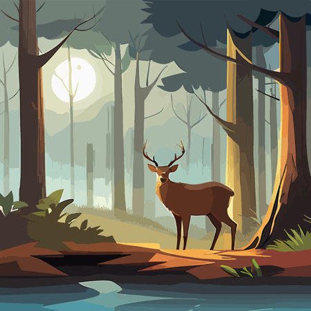 Natural background with forest silhouette with deer. mountain landscape with forest, deer. canvas artのイラスト素材