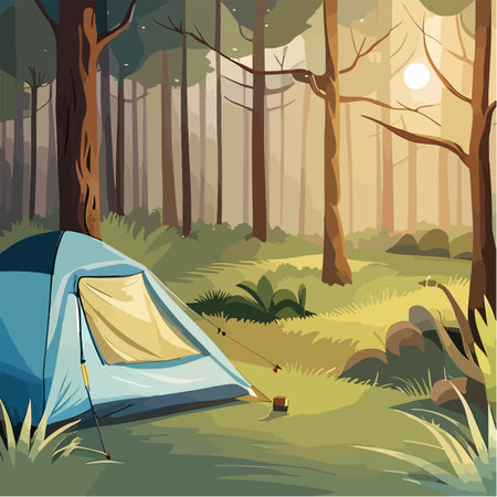 Tourist summer camping. Vector illustration of tents. Camping on a clearing in the forest. Flat style. Summer camp, nature tourism, camping, hiking, trekking.のイラスト素材