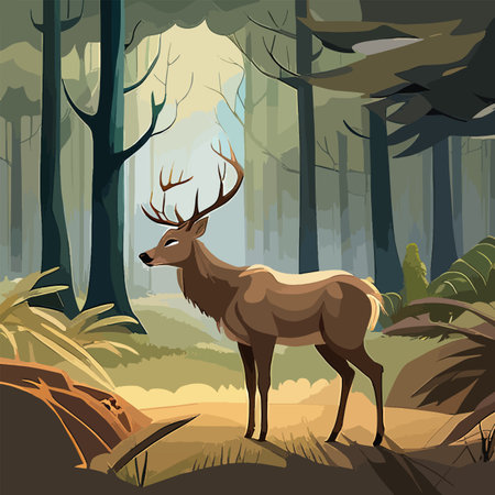 Natural background with forest silhouette with deer. mountain landscape with forest, deer. canvas artのイラスト素材