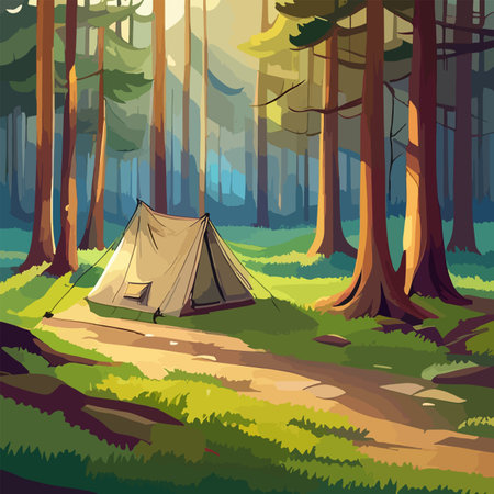 Tourist summer camping. Vector illustration of tents. Camping on a clearing in the forest. Flat style. Summer camp, nature tourism, camping, hiking, trekking.のイラスト素材