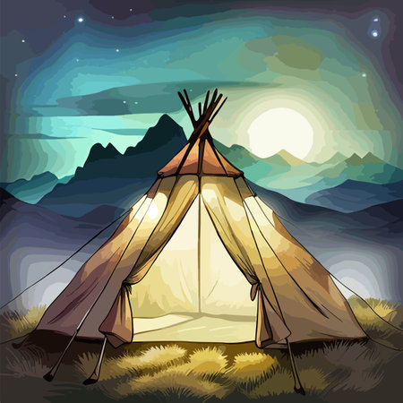 Tourist summer camping. Vector illustration of tents. Camping on a clearing in the forest. Flat style. Summer camp, nature tourism, camping, hiking, trekking.のイラスト素材