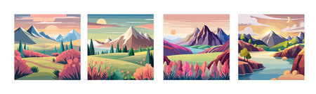 Flat natural view of green plants flowers and mountains. spring landscape. vector poster illustration.のイラスト素材