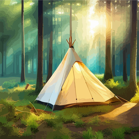 Tourist summer camping. Vector illustration of tents. Camping on a clearing in the forest. Flat...