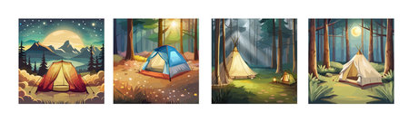 Tourist summer camping. Vector illustration of tents. Camping on a clearing in the forest. Flat style. Summer camp, nature tourism, camping, hiking, trekking.のイラスト素材