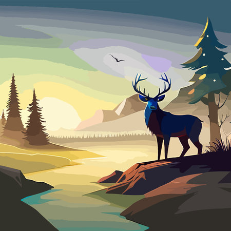 Natural background with forest silhouette with deer. mountain landscape with forest, deer. canvas artのイラスト素材