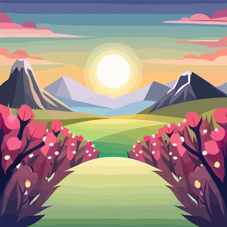 Flat natural view of green plants flowers and mountains. spring landscape. vector poster illustration.のイラスト素材