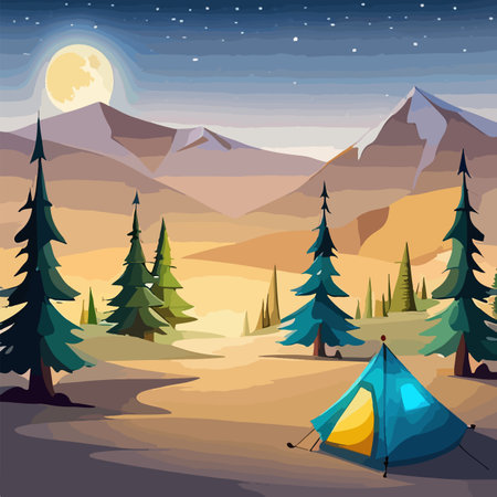 Tourist summer camping. Vector illustration of tents. Camping on a clearing in the forest. Flat style. Summer camp, nature tourism, camping, hiking, trekking.のイラスト素材