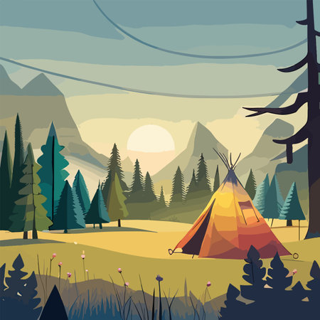Tourist summer camping. Vector illustration of tents. Camping on a clearing in the forest. Flat style. Summer camp, nature tourism, camping, hiking, trekking.のイラスト素材