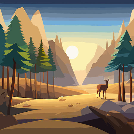 Natural background with forest silhouette with deer. mountain landscape with forest, deer. canvas artのイラスト素材