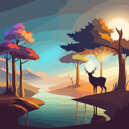 Natural background with forest silhouette with deer. mountain landscape with forest, deer. canvas artのイラスト素材