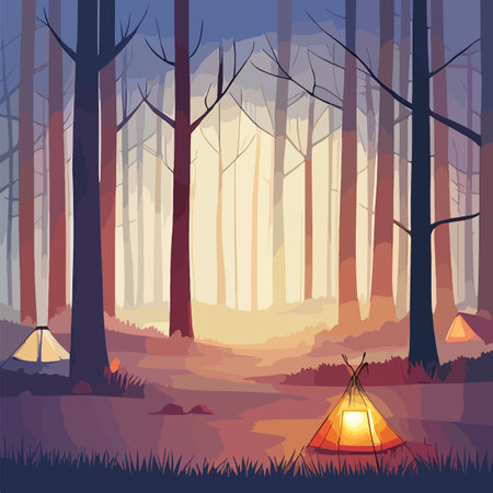 Tourist summer camping. Vector illustration of tents. Camping on a clearing in the forest. Flat style. Summer camp, nature tourism, camping, hiking, trekking.のイラスト素材