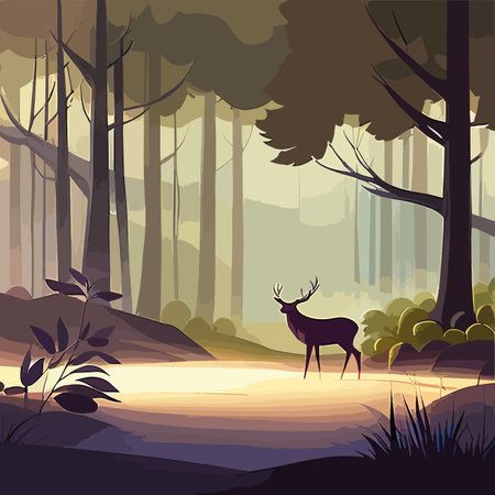Natural background with forest silhouette with deer. mountain landscape with forest, deer. canvas artのイラスト素材