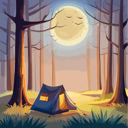 Tourist summer camping. Vector illustration of tents. Camping on a clearing in the forest. Flat style. Summer camp, nature tourism, camping, hiking, trekking.のイラスト素材