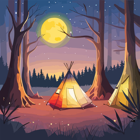 Tourist summer camping. Vector illustration of tents. Camping on a clearing in the forest. Flat style. Summer camp, nature tourism, camping, hiking, trekking.のイラスト素材