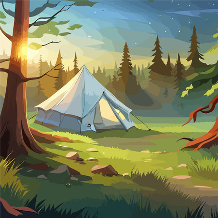 Tourist summer camping. Vector illustration of tents. Camping on a clearing in the forest. Flat style. Summer camp, nature tourism, camping, hiking, trekking.のイラスト素材