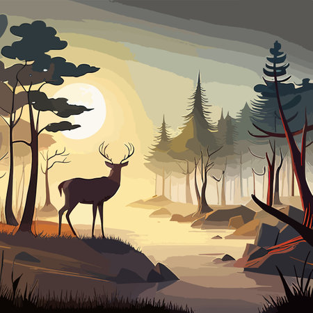 Natural background with forest silhouette with deer. mountain landscape with forest, deer. canvas artのイラスト素材