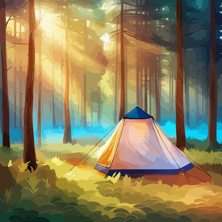 Tourist summer camping. Vector illustration of tents. Camping on a clearing in the forest. Flat style. Summer camp, nature tourism, camping, hiking, trekking.のイラスト素材