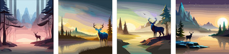 Natural background with forest silhouette with deer. mountain landscape with forest, deer. canvas artのイラスト素材