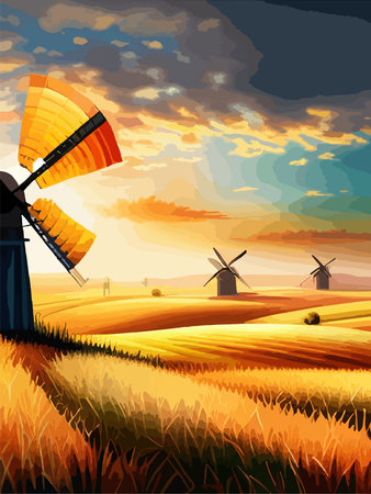 Windmill farm. Wheat field. Agriculture. Flour grinding mechanism. Windmill. Rural Dutch landscape with windmill and wheat field. Vertical format.のイラスト素材