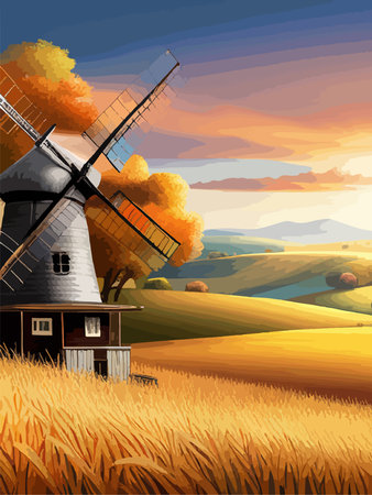 Windmill farm. Wheat field. Agriculture. Flour grinding mechanism. Windmill. Rural Dutch landscape with windmill and wheat field. Vertical format.のイラスト素材