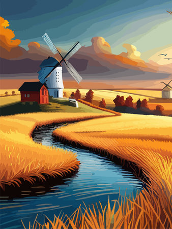 Windmill farm. Wheat field. Agriculture. Flour grinding mechanism. Windmill. Rural Dutch landscape with windmill and wheat field. Vertical format.のイラスト素材