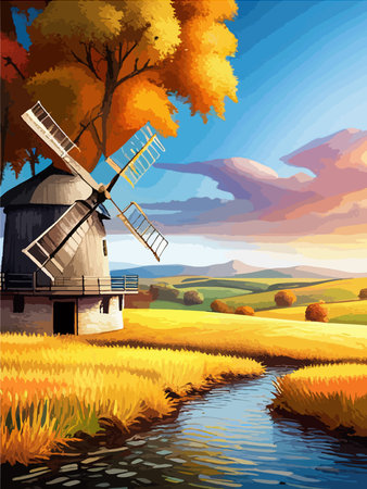 Windmill farm. Wheat field. Agriculture. Flour grinding mechanism. Windmill. Rural Dutch landscape with windmill and wheat field. Vertical format.のイラスト素材