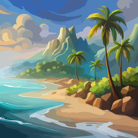 Tropical background with sea and palm trees. Summer sea background, blue ocean, sandy beach, vector flat illustration with copy spaceのイラスト素材