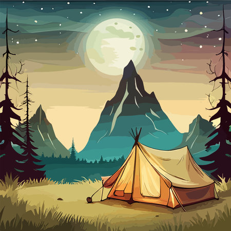 Tourist summer camping. Vector illustration of tents. Camping on a clearing in the forest. Flat style. Summer camp, nature tourism, camping, hiking, trekking.のイラスト素材