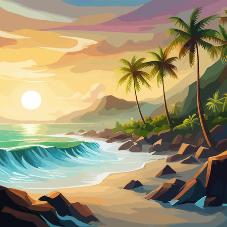 Tropical background with sea and palm trees. Summer sea background, blue ocean, sandy beach, vector flat illustration with copy spaceのイラスト素材