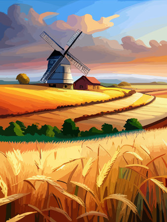 Windmill farm. Wheat field. Agriculture. Flour grinding mechanism. Windmill. Rural Dutch landscape with windmill and wheat field. Vertical format.のイラスト素材