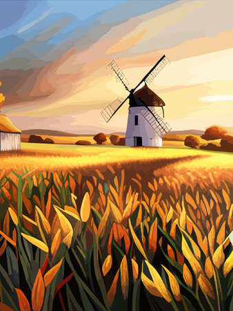 Windmill farm. Wheat field. Agriculture. Flour grinding mechanism. Windmill. Rural Dutch landscape with windmill and wheat field. Vertical format.のイラスト素材