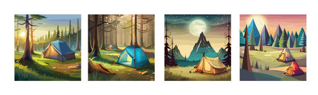 Tourist summer camping. Vector illustration of tents. Camping on a clearing in the forest. Flat style. Summer camp, nature tourism, camping, hiking, trekking.のイラスト素材