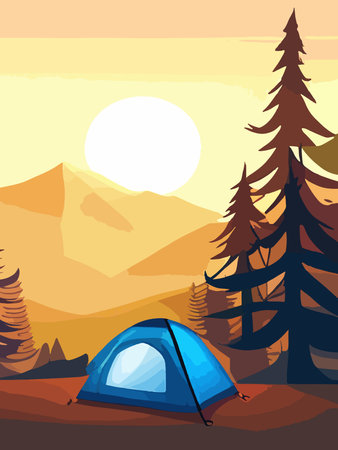 Conceptual illustration of camping with mountains and forest in the background. Conceptual illustration of camping at sunset. vertical poster art.のイラスト素材