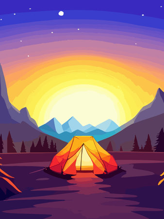 Conceptual illustration of camping with mountains and forest in the background. Conceptual illustration of camping at sunset. vertical poster art.のイラスト素材