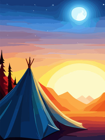 Conceptual illustration of camping with mountains and forest in the background. Conceptual illustration of camping at sunset. vertical poster art.のイラスト素材