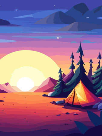 Conceptual illustration of camping with mountains and forest in the background. Conceptual illustration of camping at sunset. vertical poster art.のイラスト素材