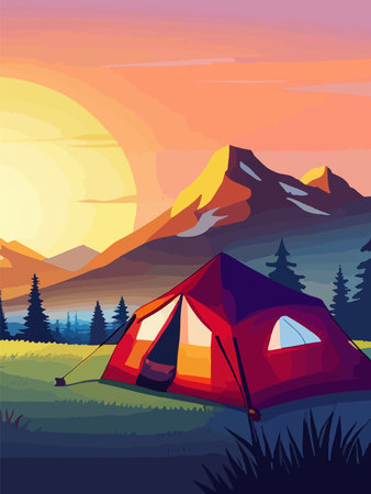 Conceptual illustration of camping with mountains and forest in the background. Conceptual illustration of camping at sunset. vertical poster art.のイラスト素材