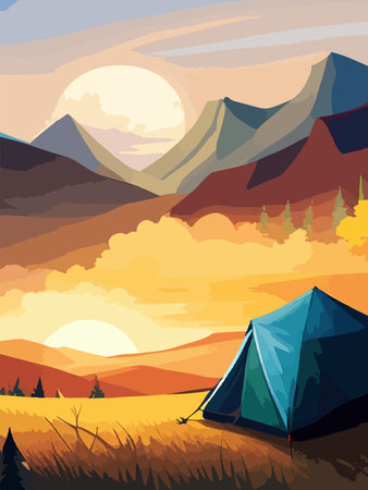 Conceptual illustration of camping with mountains and forest in the background. Conceptual illustration of camping at sunset. vertical poster art.のイラスト素材