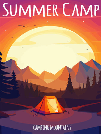 Conceptual illustration of camping with mountains and forest in the background. Conceptual illustration of camping at sunset. vertical poster art.のイラスト素材