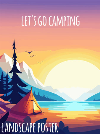 Conceptual illustration of camping with mountains and forest in the background. Conceptual illustration of camping at sunset. vertical poster art.のイラスト素材