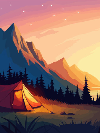 Conceptual illustration of camping with mountains and forest in the background. Conceptual illustration of camping at sunset. vertical poster art.のイラスト素材