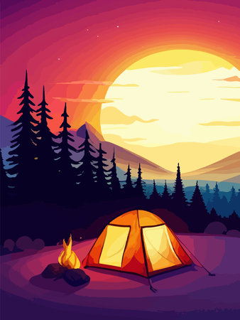 Conceptual illustration of camping with mountains and forest in the background. Conceptual illustration of camping at sunset. vertical poster art.のイラスト素材
