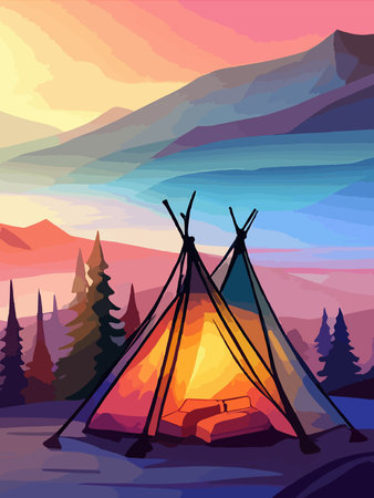 Conceptual illustration of camping with mountains and forest in the background. Conceptual illustration of camping at sunset. vertical poster art.のイラスト素材
