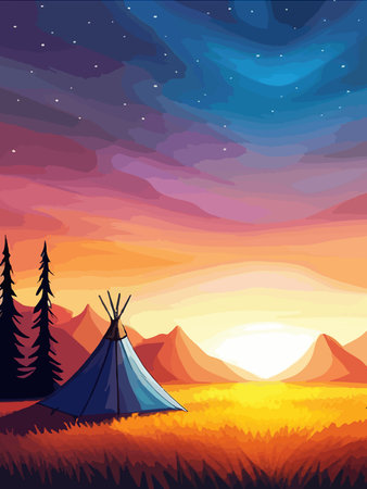 Conceptual illustration of camping with mountains and forest in the background. Conceptual illustration of camping at sunset. vertical poster art.のイラスト素材