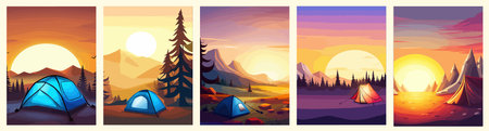 Conceptual illustration of camping with mountains and forest in the background. Conceptual illustration of camping at sunset. vertical poster art.のイラスト素材