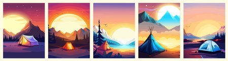 Conceptual illustration of camping with mountains and forest in the background. Conceptual illustration of camping at sunset. vertical poster art.のイラスト素材