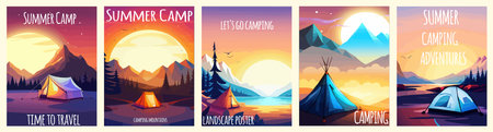 Conceptual illustration of camping with mountains and forest in the background. Conceptual illustration of camping at sunset. vertical poster art.のイラスト素材
