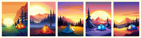 Conceptual illustration of camping with mountains and forest in the background. Conceptual illustration of camping at sunset. vertical poster art.のイラスト素材
