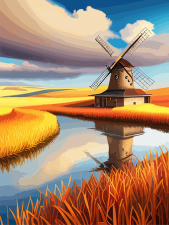 Windmill farm. Wheat field. Agriculture. Flour grinding mechanism. Windmill. Rural Dutch landscape with windmill and wheat field. Vertical format.のイラスト素材