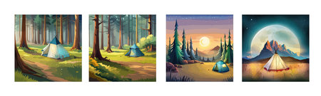 Tourist summer camping. Vector illustration of tents. Camping on a clearing in the forest. Flat style. Summer camp, nature tourism, camping, hiking, trekking.のイラスト素材